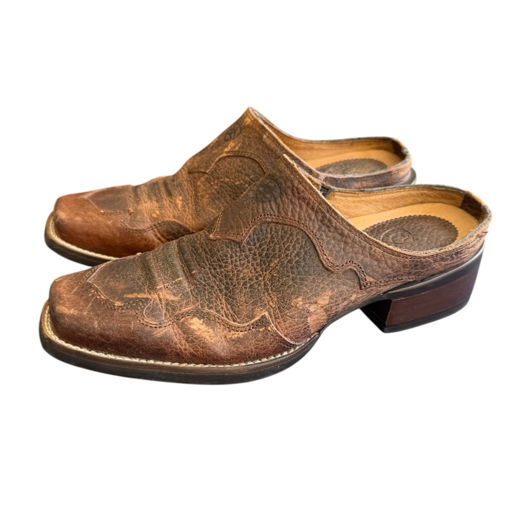 Ariat Vintage Brown Leather Western Mules Clogs Square Toe Distressed Size 6.5